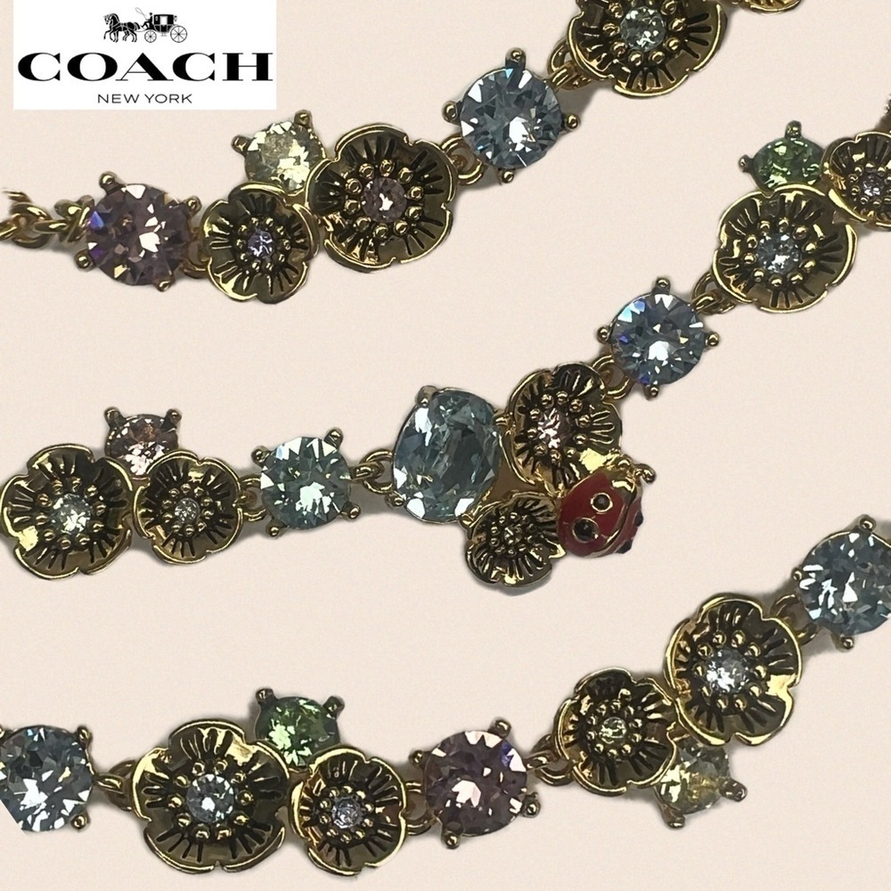 Coach Gold Tone Swarovski Crystal Tea Rose Ladybug Necklace, 16" + 2" extender